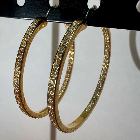 New Never Worn Authentic Swarovski Crystal Gold w/ White Crystals Hoop Earrings - Picture 1 of 8